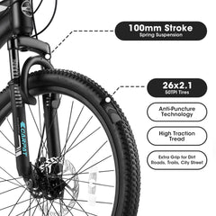 26" Mountain Bike, Aluminum Mountain Bike for Adult with Disc Brakes & Suspension