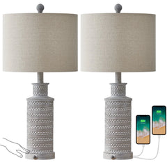 Oneach 3 Way Dimmable Table Lamp Set of 2 with USB Ports for Bedroom Living Room 24.5" Vintage Rustic Farmhouse Touch Control Nightstand Bedside Lamps Resin (Bulbs)