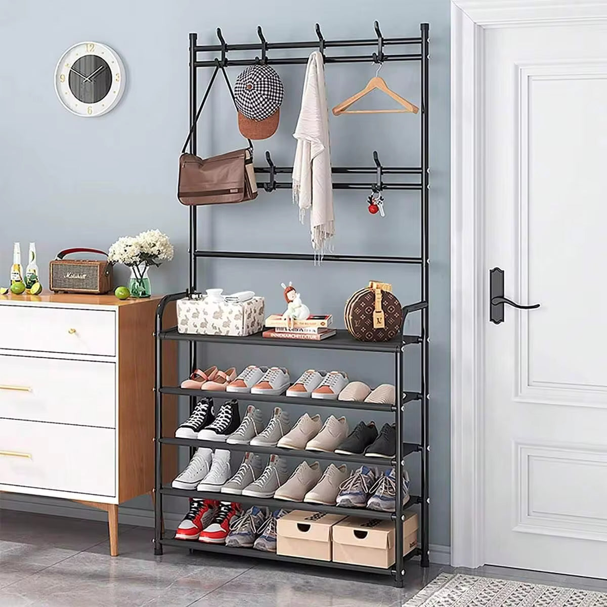 1pc,4/5 Tier Storage Shelf,Standalone Coat Rack With 8 Double Hooks,31.49 Inch Wide Hallway Shoe Rack,Entryway Coat Rack,Living Room, Bathroom, Hallway Shoe Organizer