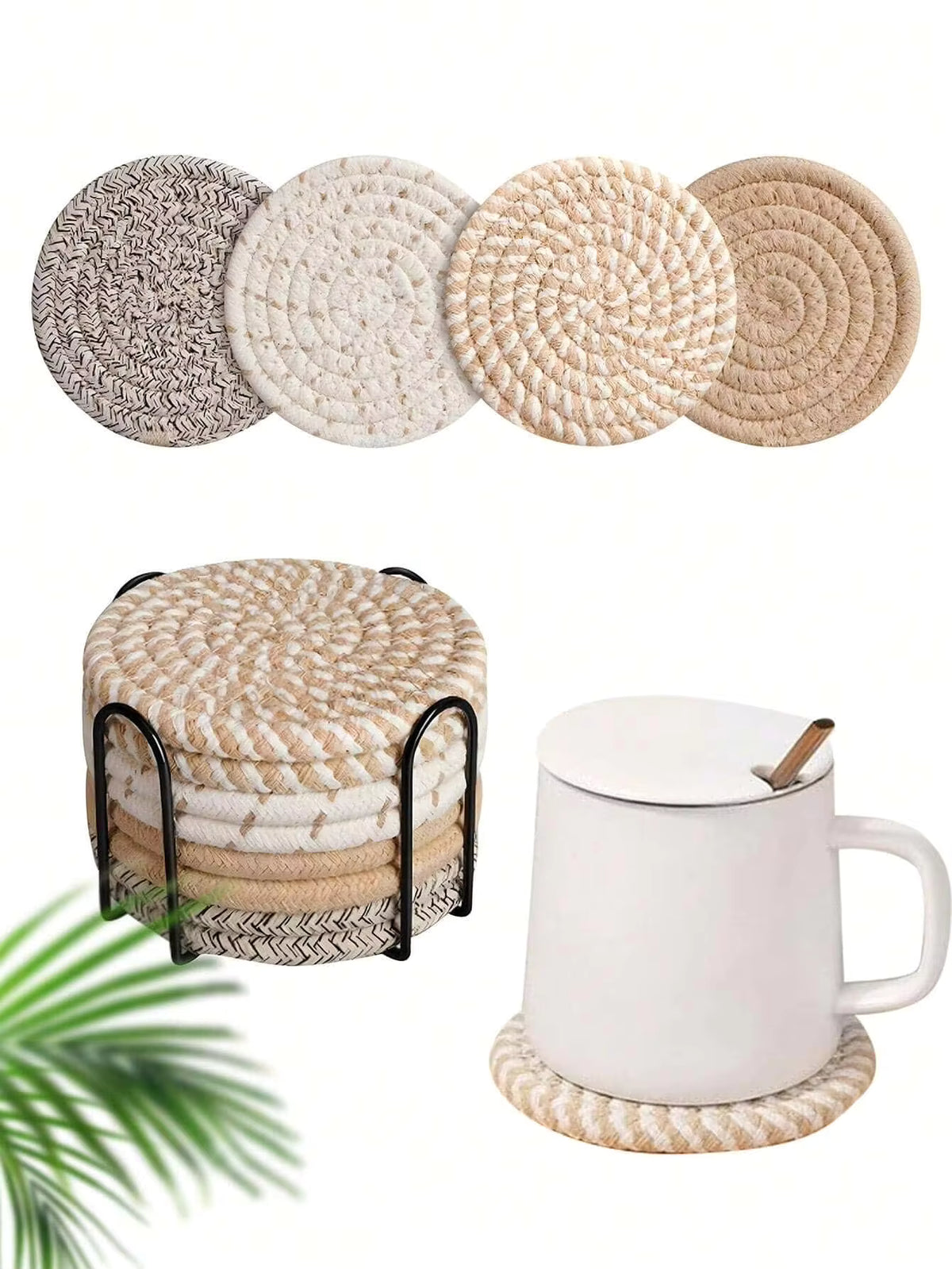 8pcs Beverage Coaster Set With Stand, Minimalist Woven Desktop Coasters, Heat-Resistant Kitchen Dining Table Coasters, Thickened Insulated Pads, 4-Color Absorbent Coaster Set, Home Decor Desktop Protection, Suitable For Various Cups, 4.3 Inches