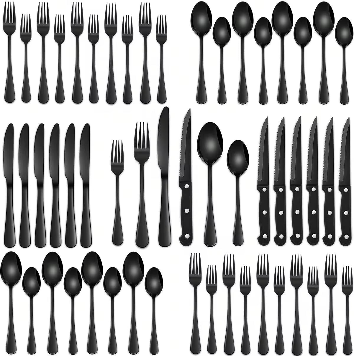 24/48 Pieces Black Stainless Steel Silverware Sets With Steak Knives Service For 8,Includes Knife Spoon And Fork Eating Utensils Set For Kitchen,Flatware Sets For Hotel And Restaurant