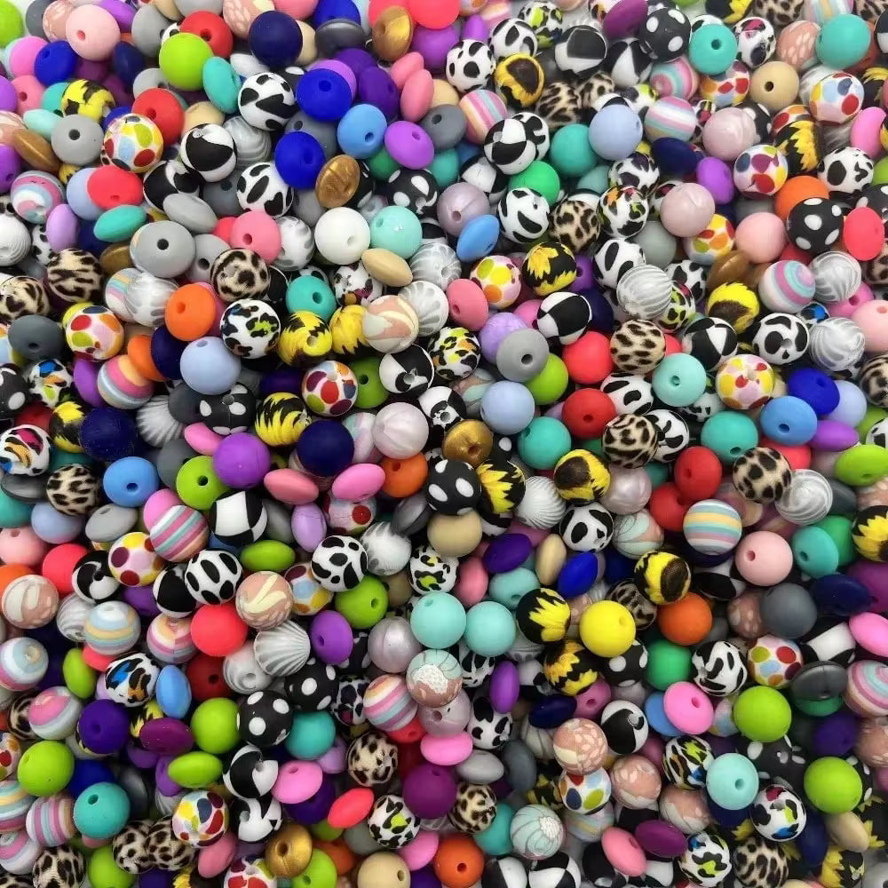 100pcs Vibrant Silicone Beads - Round, Printed, Abacus Beads, Mixed Colors - Ideal For DIY Bracelets, Jewelry, Phone Charms, Keychains, Crafts, Durable Silicone Beads