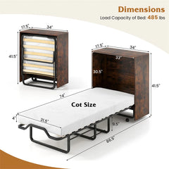 Cot Size Murphy Cabinet Bed with Mattress, 2-in-1 Folding Rollaway Guest Bed into Storage Cabinet with Lockable Wheels for Home Office