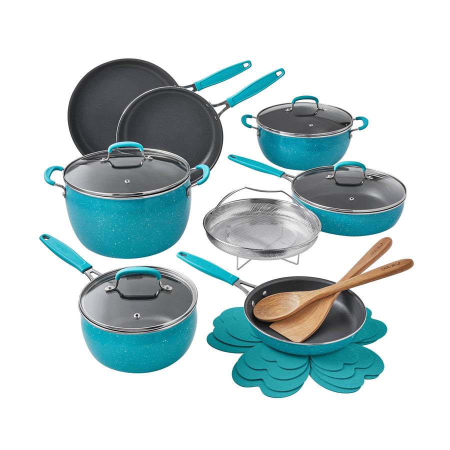 The Pioneer Woman Frontier Speckle 18-Piece Aluminum Cookware Set, Teal