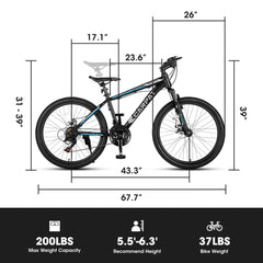 26" Mountain Bike, Aluminum Mountain Bike for Adult with Disc Brakes & Suspension