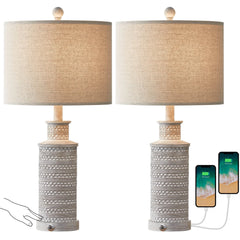 Oneach 3 Way Dimmable Table Lamp Set of 2 with USB Ports for Bedroom Living Room 24.5" Vintage Rustic Farmhouse Touch Control Nightstand Bedside Lamps Resin (Bulbs)