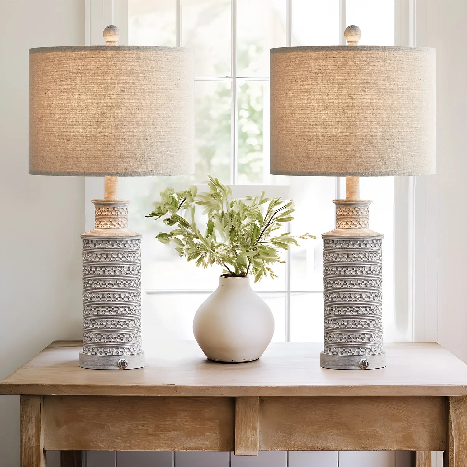 Oneach 3 Way Dimmable Table Lamp Set of 2 with USB Ports for Bedroom Living Room 24.5" Vintage Rustic Farmhouse Touch Control Nightstand Bedside Lamps Resin (Bulbs)