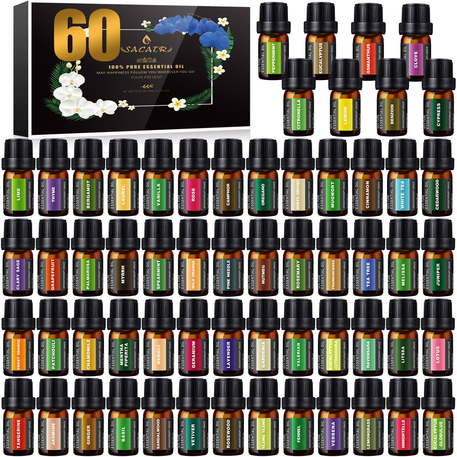 Premium Essential Oils Set -100% Natural Essential Oils-Perfect for Diffuser, Humidifier,Aromatherapy, Massage,Soap, Candle Bath Bombs Making, 60x5
