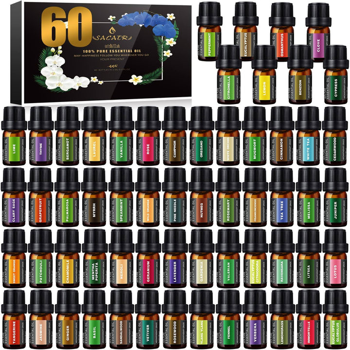 Premium Essential Oils Set -100% Natural Essential Oils-Perfect for Diffuser, Humidifier,Aromatherapy, Massage,Soap, Candle Bath Bombs Making, 60x5
