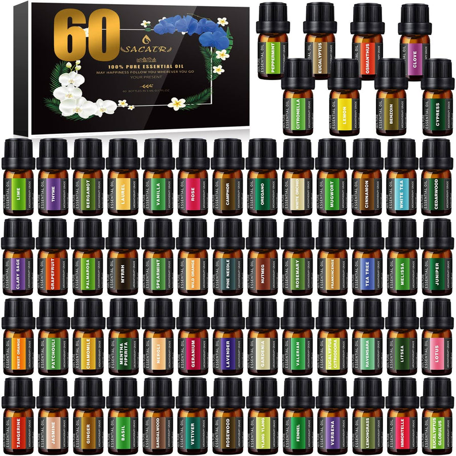 Premium Essential Oils Set -100% Natural Essential Oils-Perfect for Diffuser, Humidifier,Aromatherapy, Massage,Soap, Candle Bath Bombs Making, 60x5